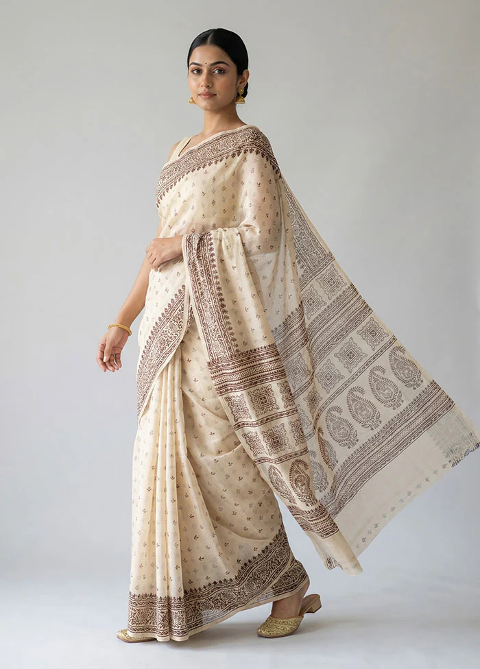 Cream Printed Silk Saree Without Blouse Piece