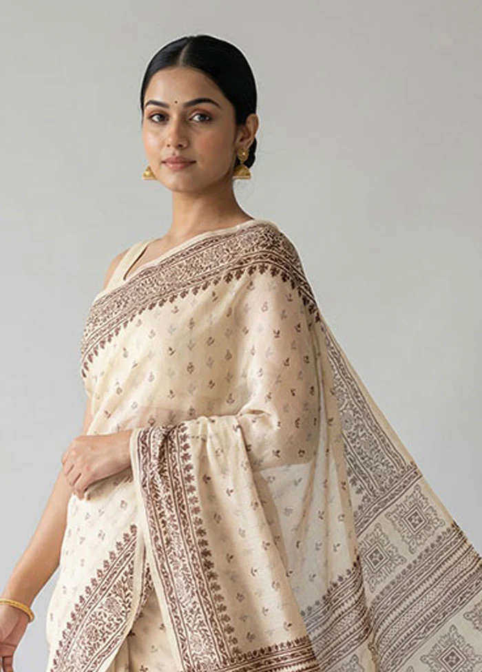 Cream Printed Silk Saree Without Blouse Piece - Image 2
