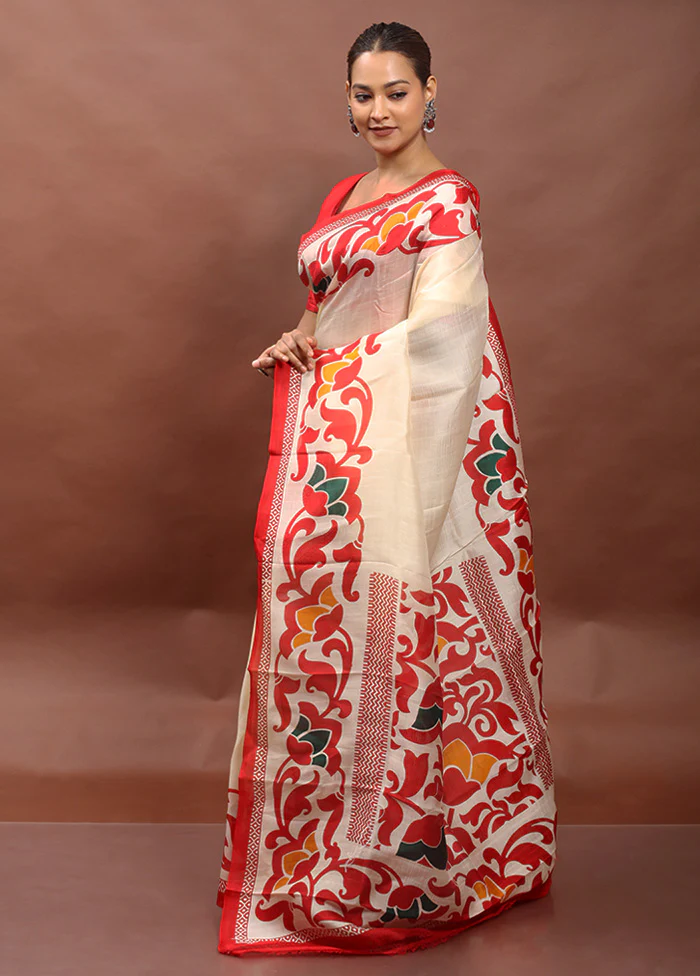 Cream Printed Pure Silk Saree Without Blouse Piece - Image 4