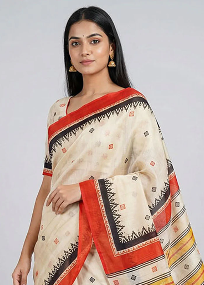 Cream Printed Silk Saree Without Blouse Piece - Image 2