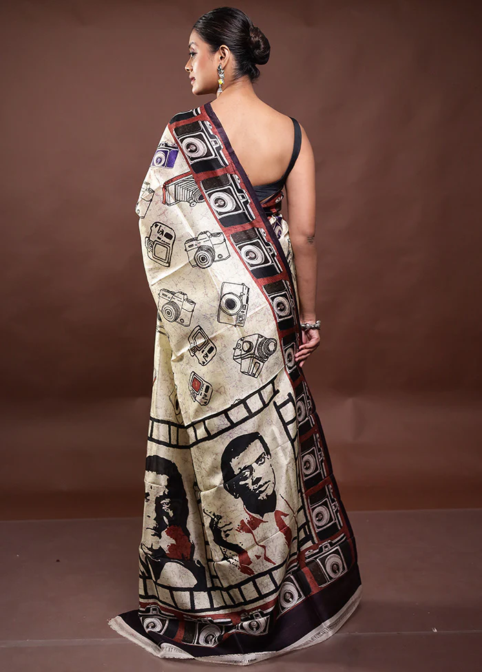 Cream Printed Pure Silk Saree Without Blouse Piece - Image 3