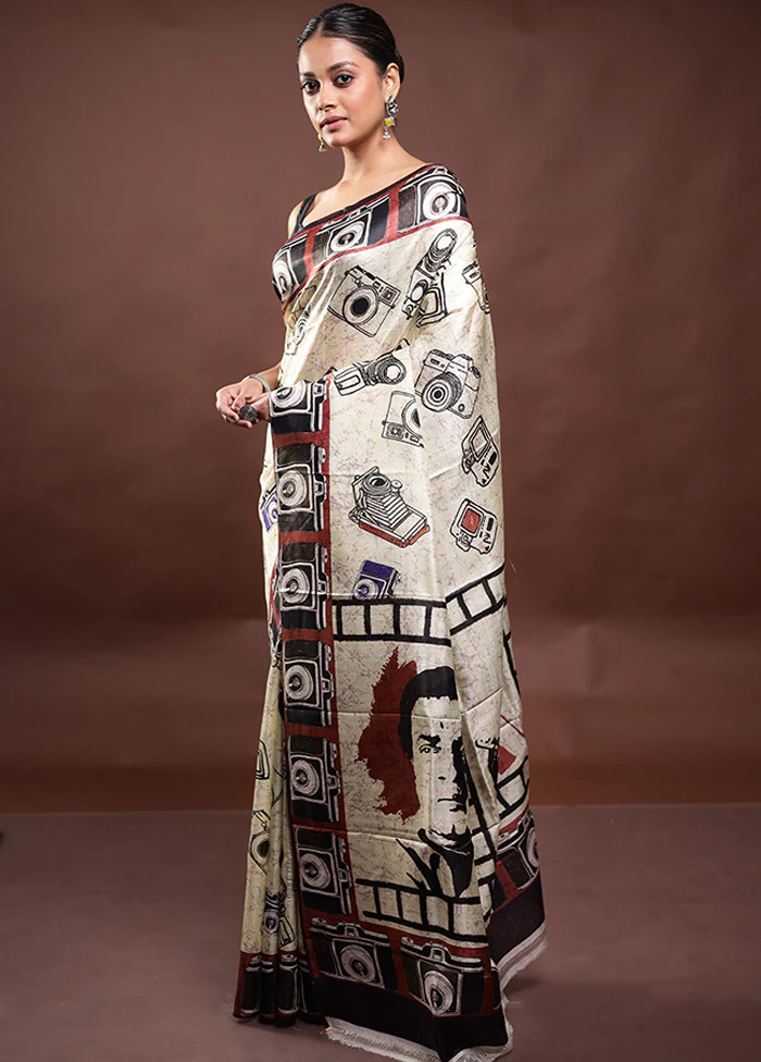 Cream Printed Pure Silk Saree Without Blouse Piece - Image 4