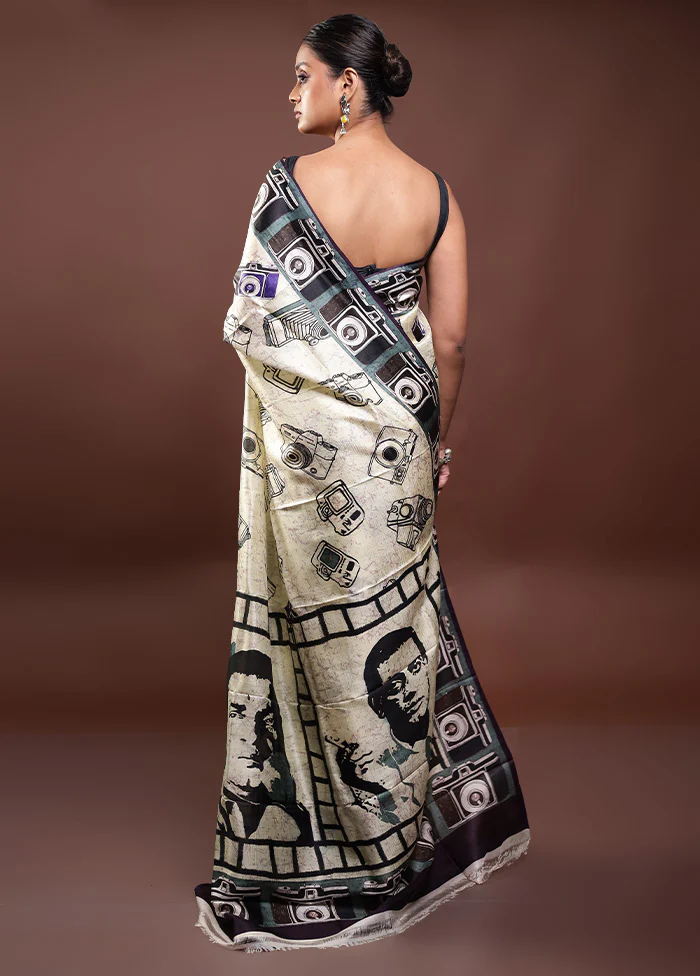 Cream Printed Pure Silk Saree Without Blouse Piece - Image 3