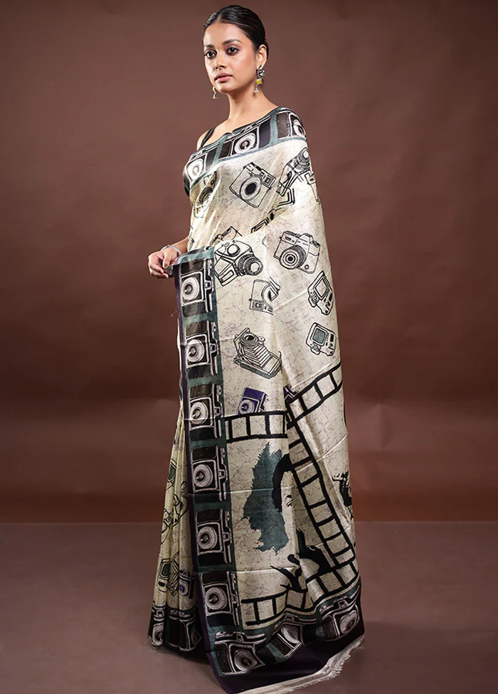 Cream Printed Pure Silk Saree Without Blouse Piece - Image 4