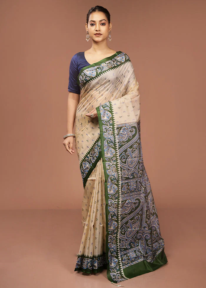 Cream Printed Pure Silk Saree Without Blouse Piece - Image 2