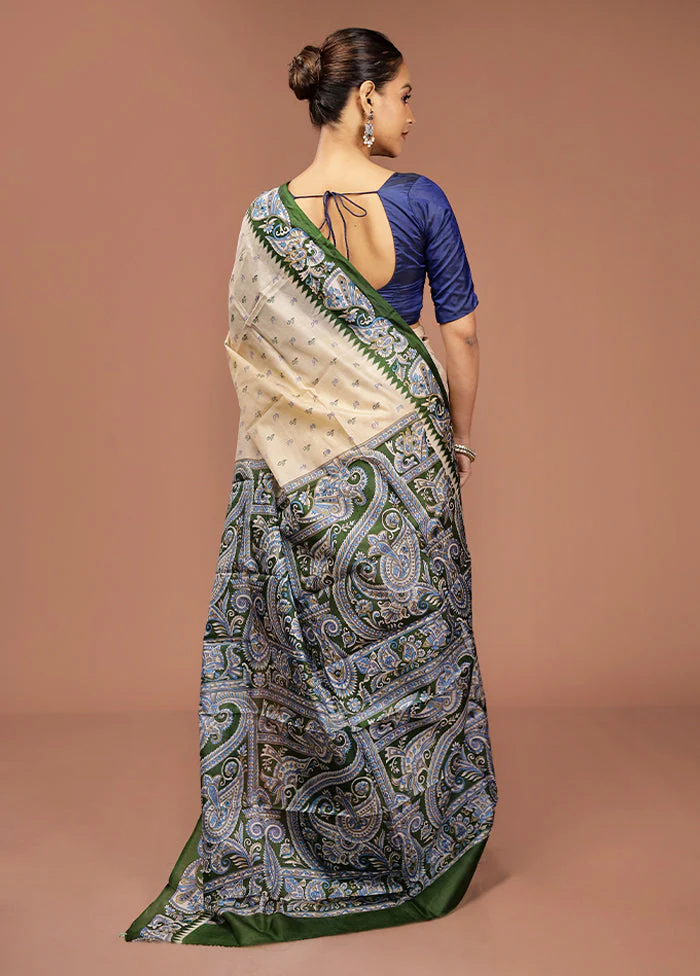 Cream Printed Pure Silk Saree Without Blouse Piece - Image 3