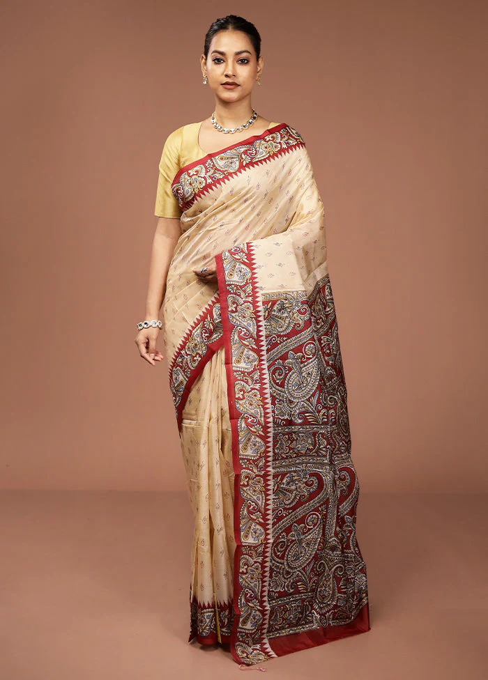 Cream Printed Pure Silk Saree Without Blouse Piece - Image 2