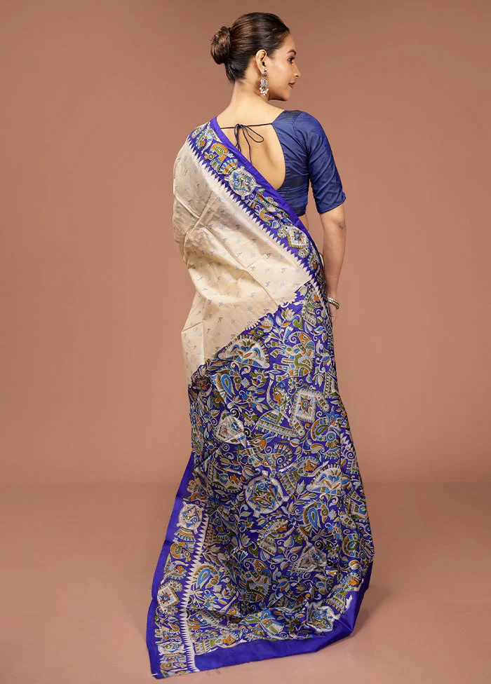 Cream Printed Pure Silk Saree Without Blouse Piece - Image 3