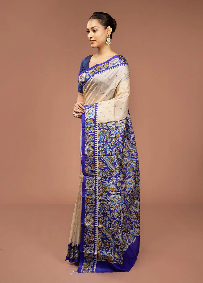 Cream Printed Pure Silk Saree Without Blouse Piece - Image 4