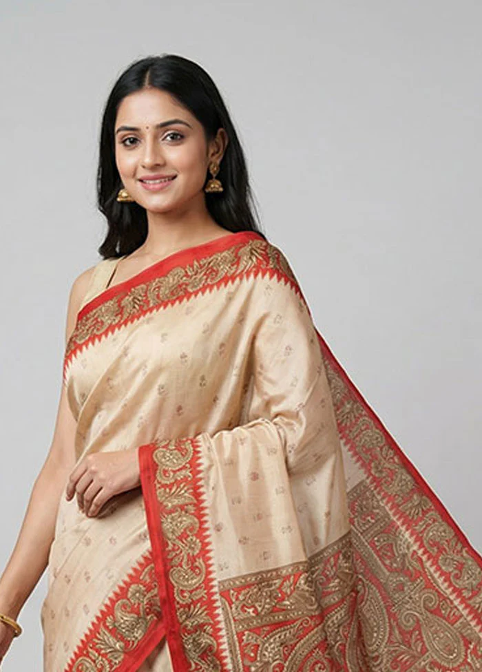 Cream Printed Pure Silk Saree Without Blouse Piece - Image 2