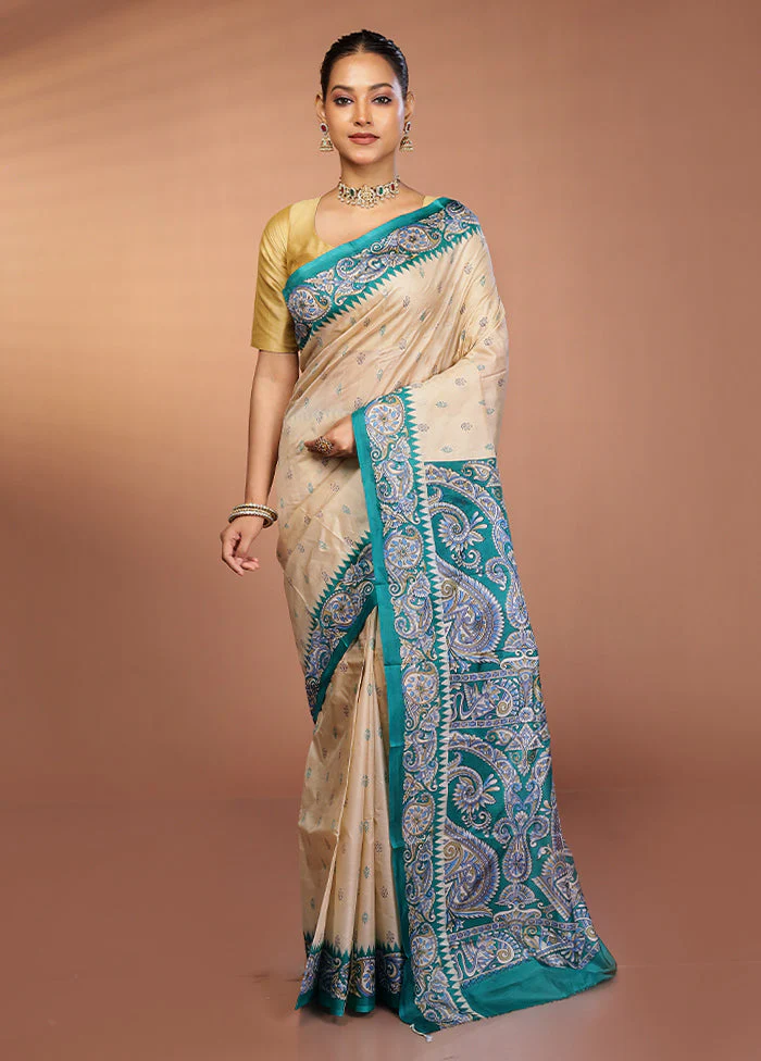 Cream Printed Pure Silk Saree Without Blouse Piece - Image 2