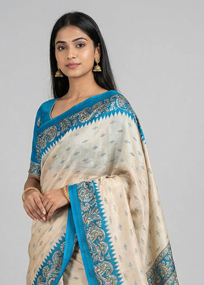 Cream Printed Silk Saree Without Blouse Piece - Image 2