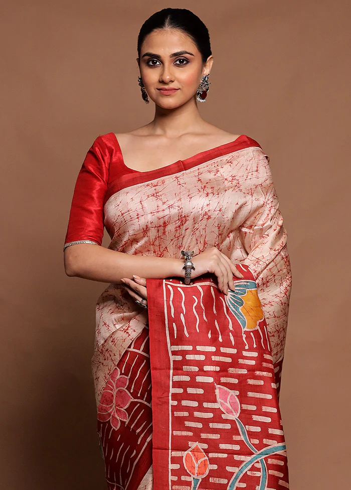 Cream Printed Pure Silk Saree Without Blouse Piece - Image 2