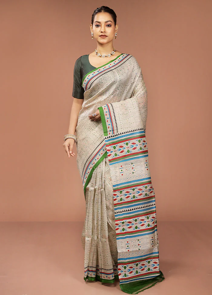 Cream Printed Silk Saree Without Blouse Piece - Image 2
