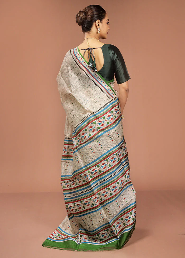 Cream Printed Silk Saree Without Blouse Piece - Image 3