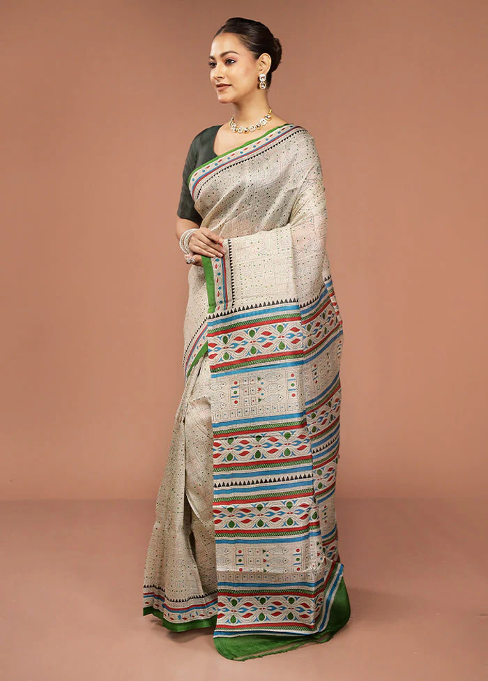 Cream Printed Silk Saree Without Blouse Piece - Image 4