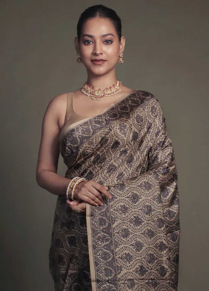 Cream Printed Pure Silk Saree Without Blouse Piece - Image 2