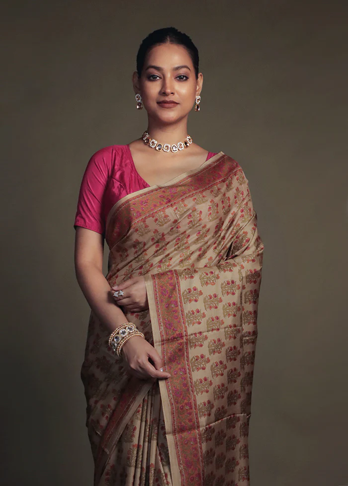 Cream Printed Pure Silk Saree Without Blouse Piece - Image 2