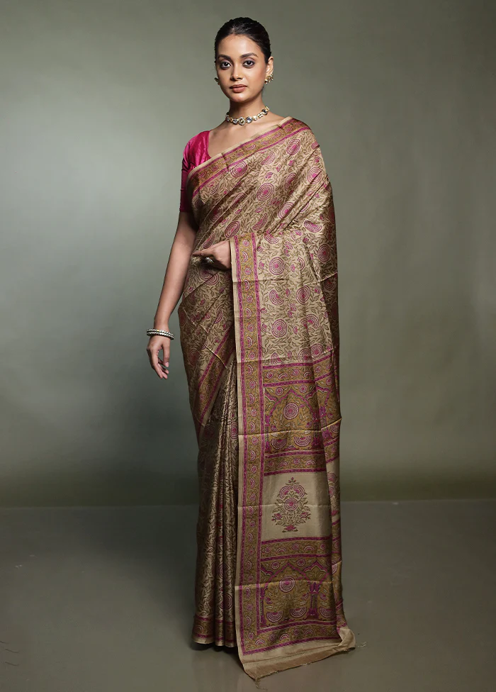 Cream Printed Pure Silk Saree Without Blouse Piece - Image 2