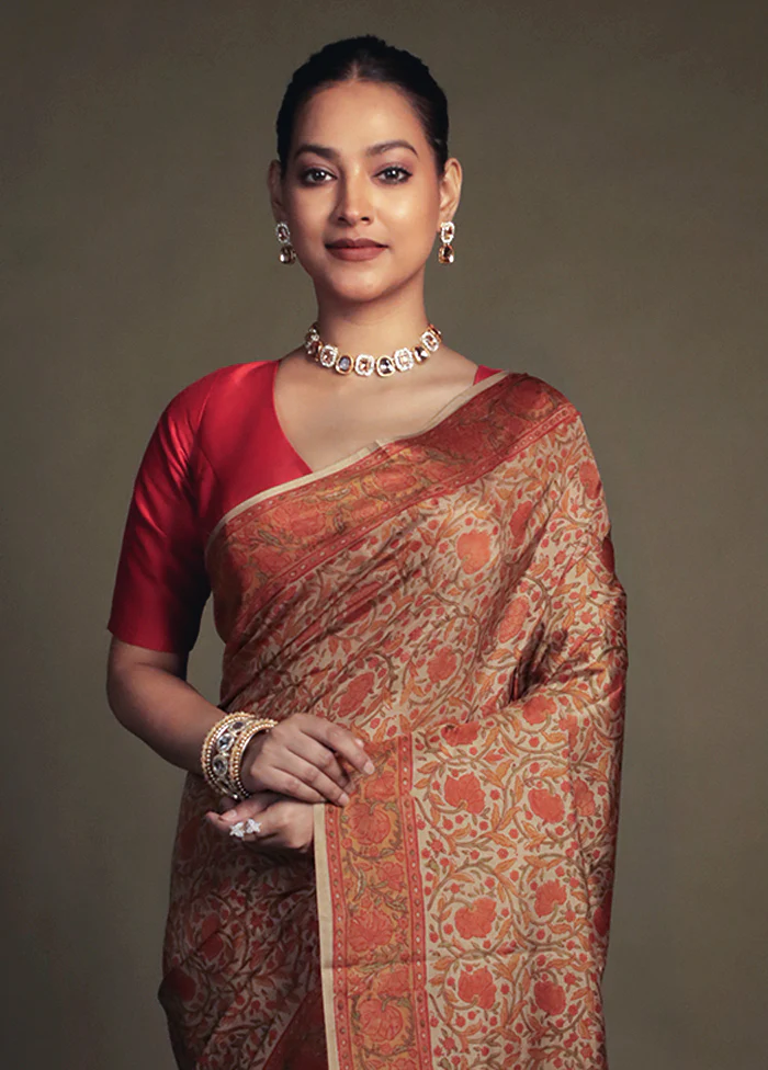 Cream Printed Pure Silk Saree Without Blouse Piece - Image 2