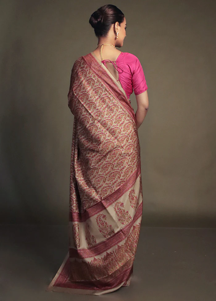 Cream Printed Pure Silk Saree Without Blouse Piece - Image 3