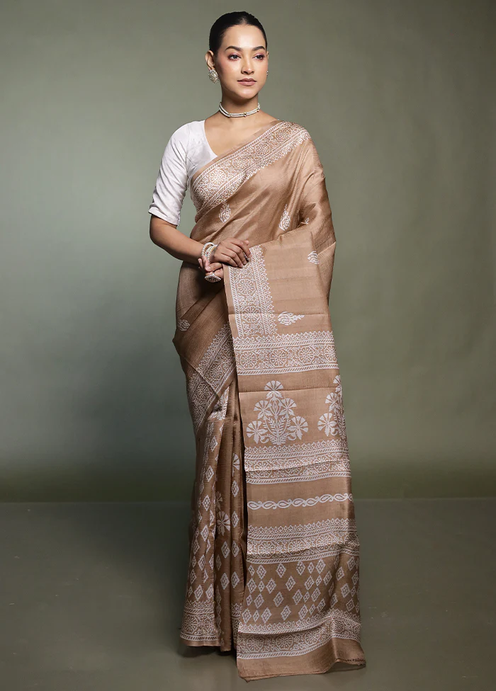 Cream Printed Pure Silk Saree Without Blouse Piece - Image 2