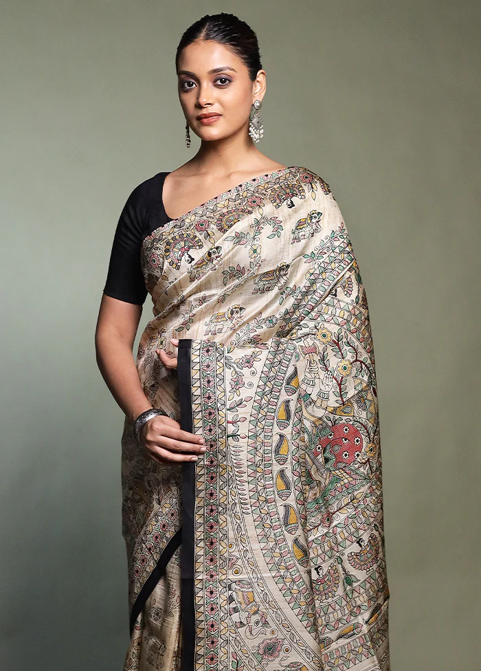Cream Printed Pure Silk Saree Without Blouse Piece