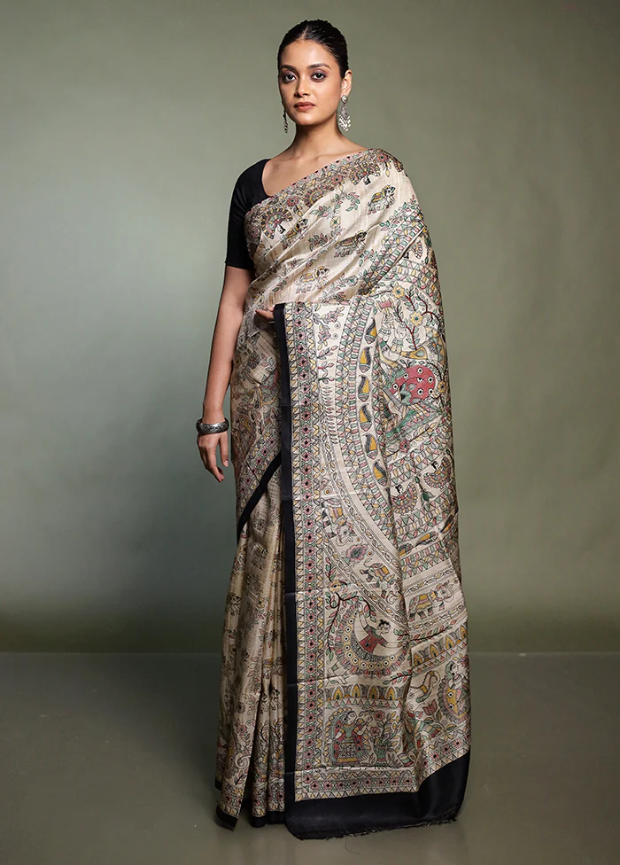 Cream Printed Pure Silk Saree Without Blouse Piece - Image 2