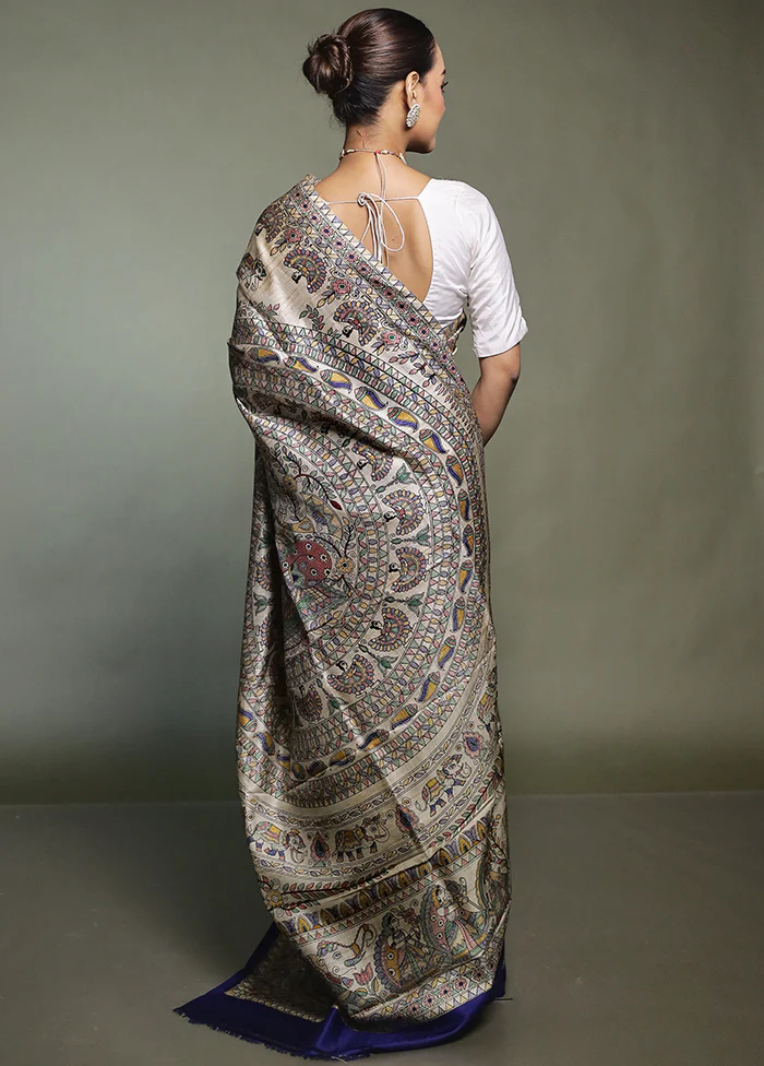 Cream Printed Pure Silk Saree Without Blouse Piece - Image 3