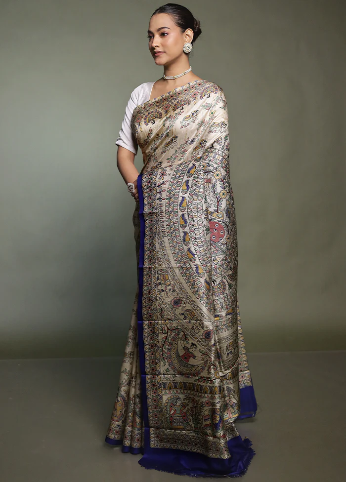 Cream Printed Pure Silk Saree Without Blouse Piece - Image 4