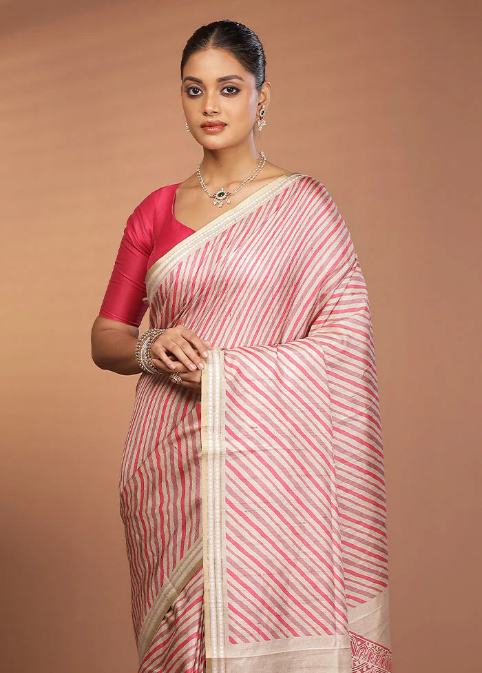 Cream Printed Pure Silk Saree Without Blouse Piece