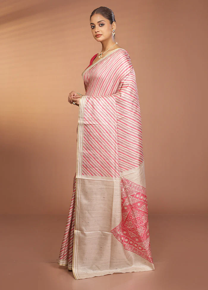 Cream Printed Pure Silk Saree Without Blouse Piece - Image 4