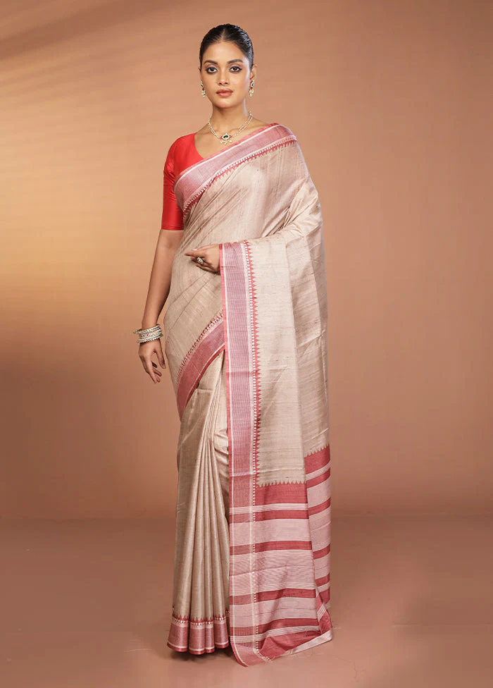 Cream Printed Pure Silk Saree Without Blouse Piece - Image 2