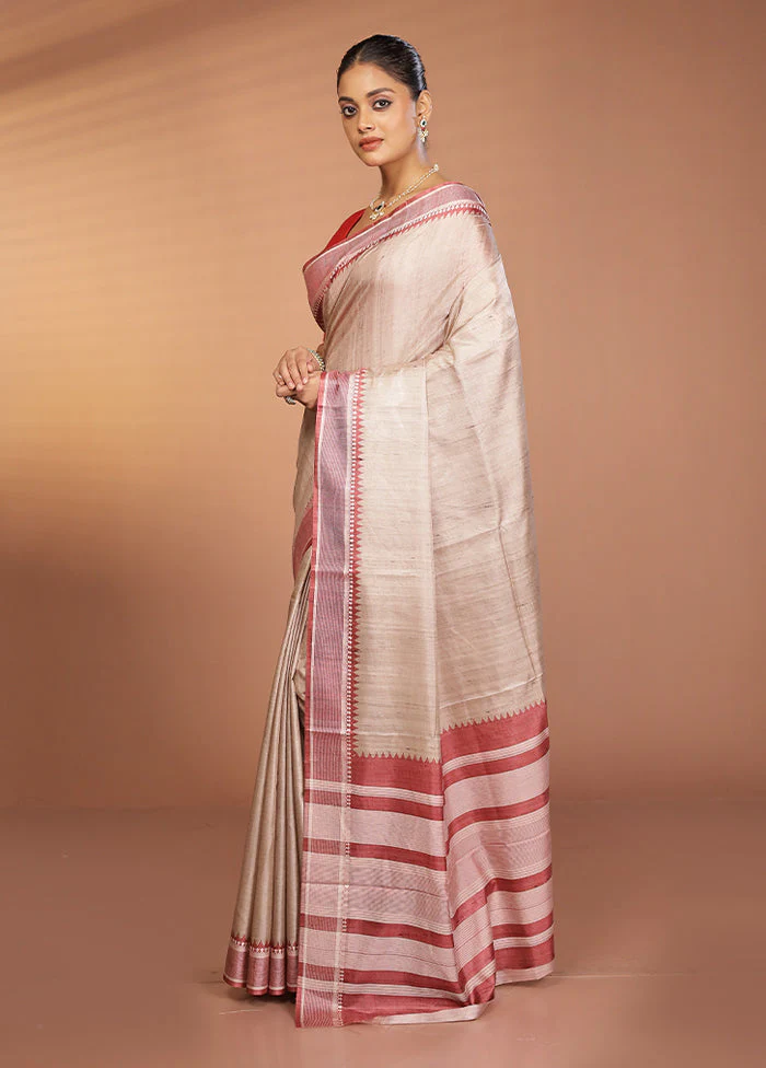 Cream Printed Pure Silk Saree Without Blouse Piece - Image 4