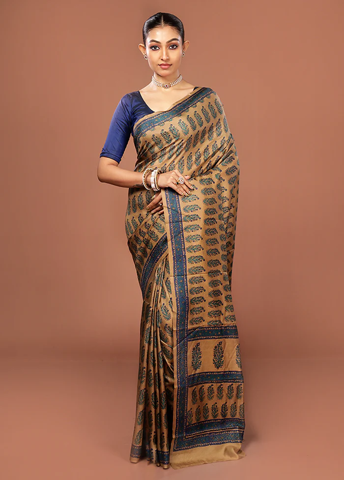Brown Printed Pure Silk Saree Without Blouse Piece - Image 2