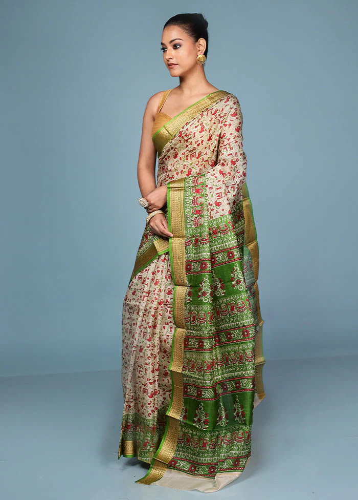 Cream Printed Pure Silk Saree Without Blouse Piece - Image 4