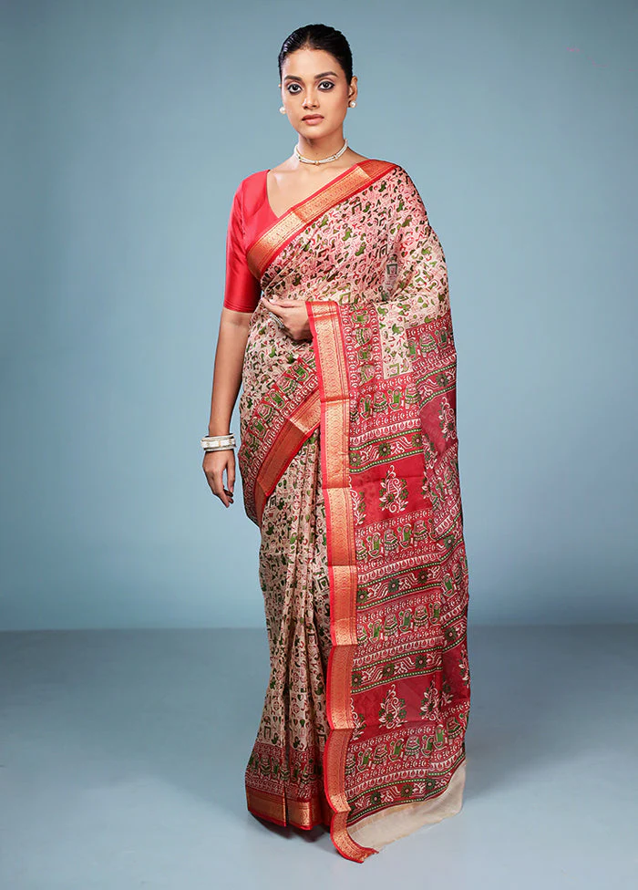 Cream Printed Pure Silk Saree Without Blouse Piece - Image 2