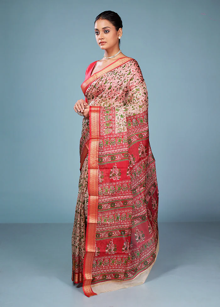Cream Printed Pure Silk Saree Without Blouse Piece - Image 4