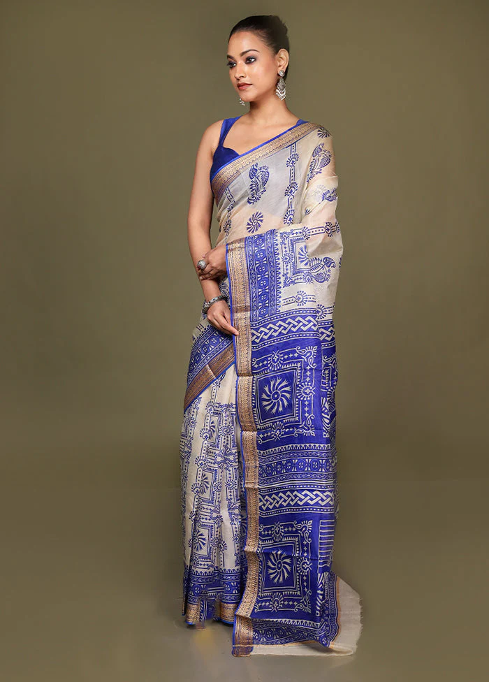 Cream Printed Silk Saree Without Blouse Piece - Image 4