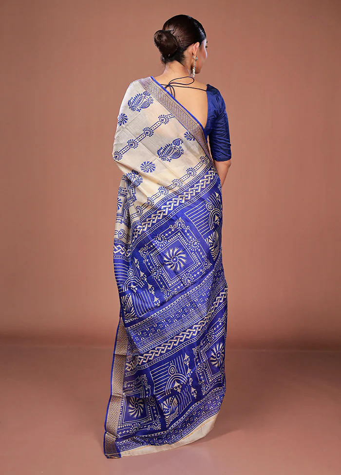 Cream Printed Pure Silk Saree Without Blouse Piece - Image 3
