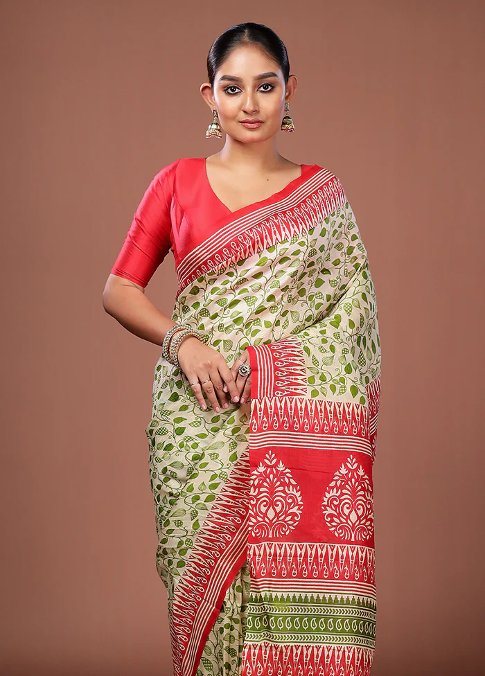 Cream Printed Pure Silk Saree Without Blouse Piece