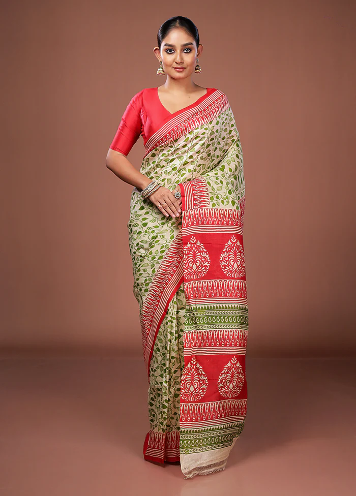 Cream Printed Pure Silk Saree Without Blouse Piece - Image 2