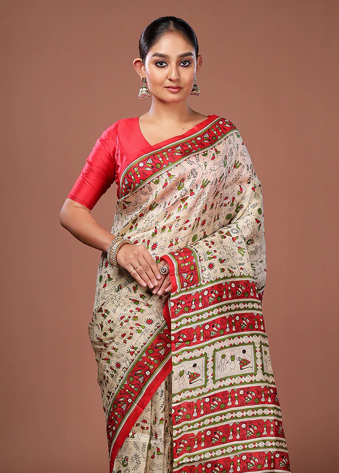 Cream Printed Pure Silk Saree Without Blouse Piece