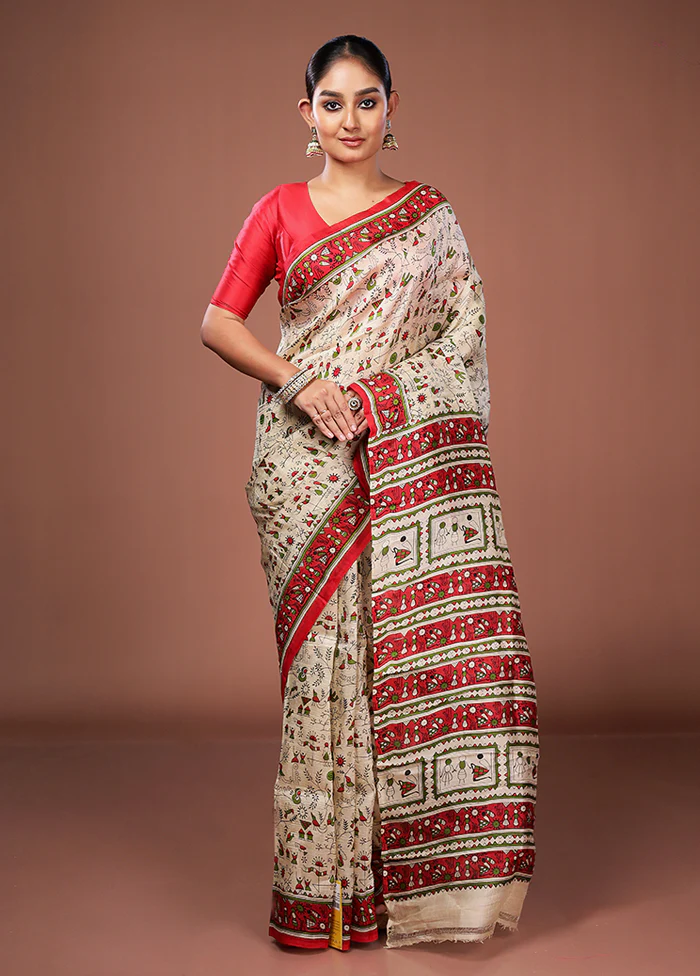 Cream Printed Pure Silk Saree Without Blouse Piece - Image 2