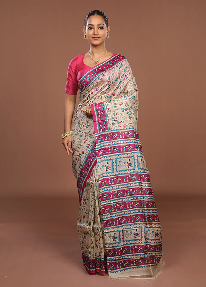 Cream Printed Silk Saree Without Blouse Piece - Image 2
