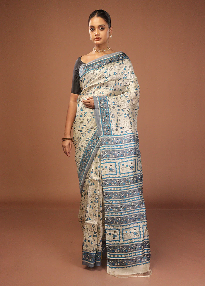 Cream Printed Pure Silk Saree Without Blouse Piece - Image 2