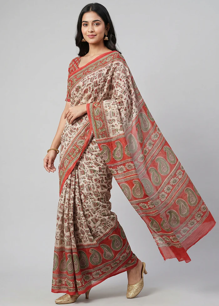 Cream Printed Silk Saree Without Blouse Piece