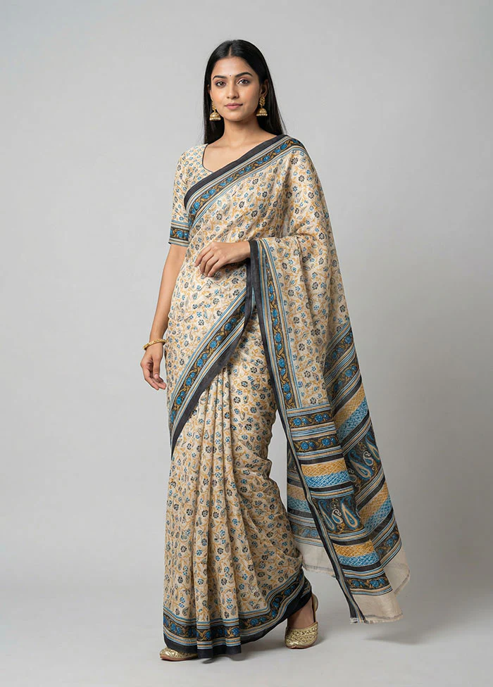 Cream Printed Silk Saree Without Blouse Piece