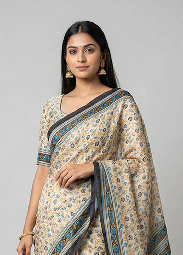 Cream Printed Silk Saree Without Blouse Piece - Image 2