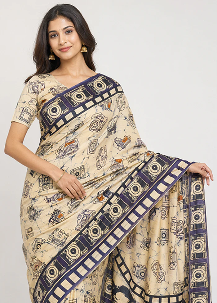 Cream Printed Pure Silk Saree Without Blouse Piece - Image 2